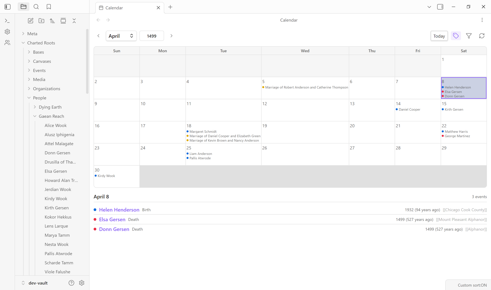 Calendar View showing April 1499 with Gaean Reach character birth and death events; day-click detail panel open on the Mount Pleasant Massacre day