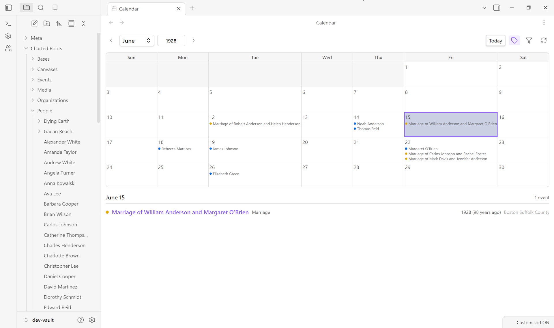 Calendar View showing June 1928 with multiple Anderson family birth and marriage events; day-click detail panel open on William and Margaret's marriage