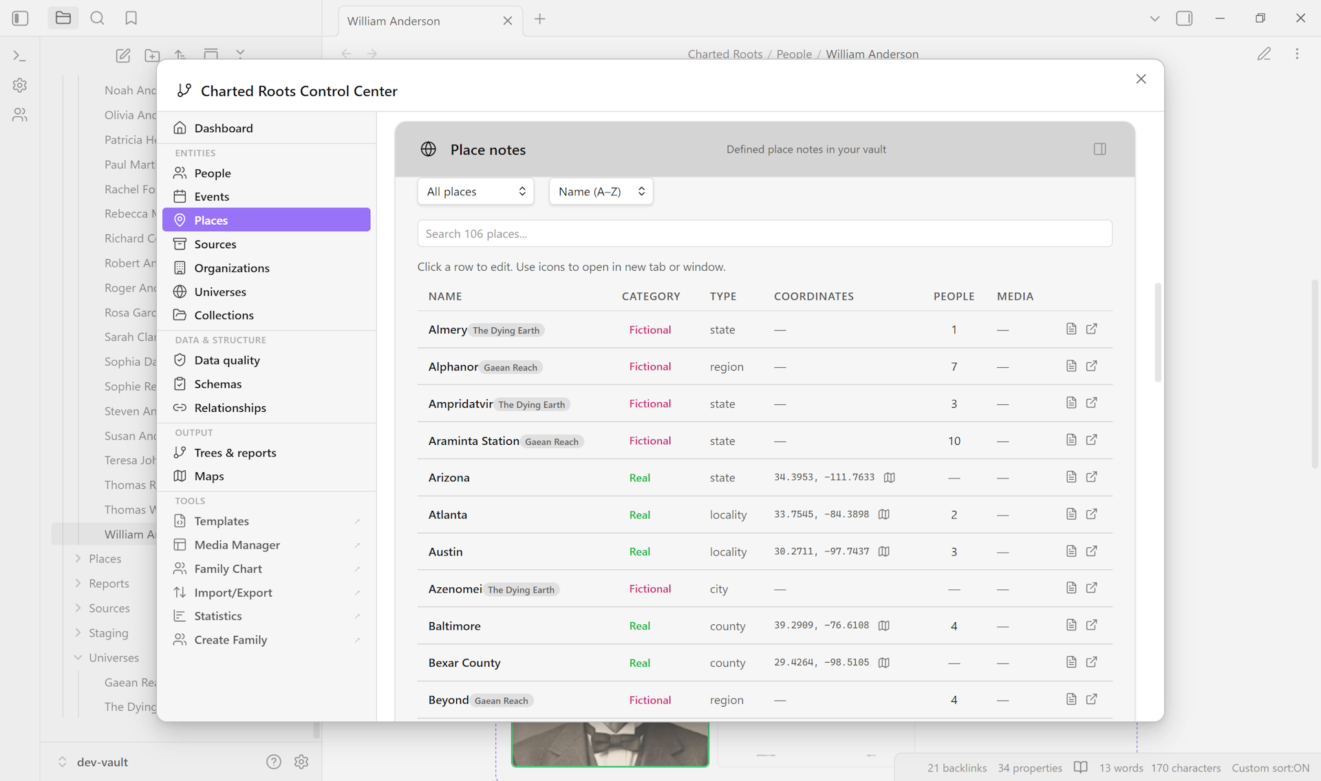 Control Center Places tab — fictional places (Almery, Alphanor, Ampridatvir, Araminta Station, Asromirel, Beyond) categorized as Fictional with universe annotations; real places (Arizona, Atlanta, Austin, Baltimore) with categories, types, coordinates, and people counts