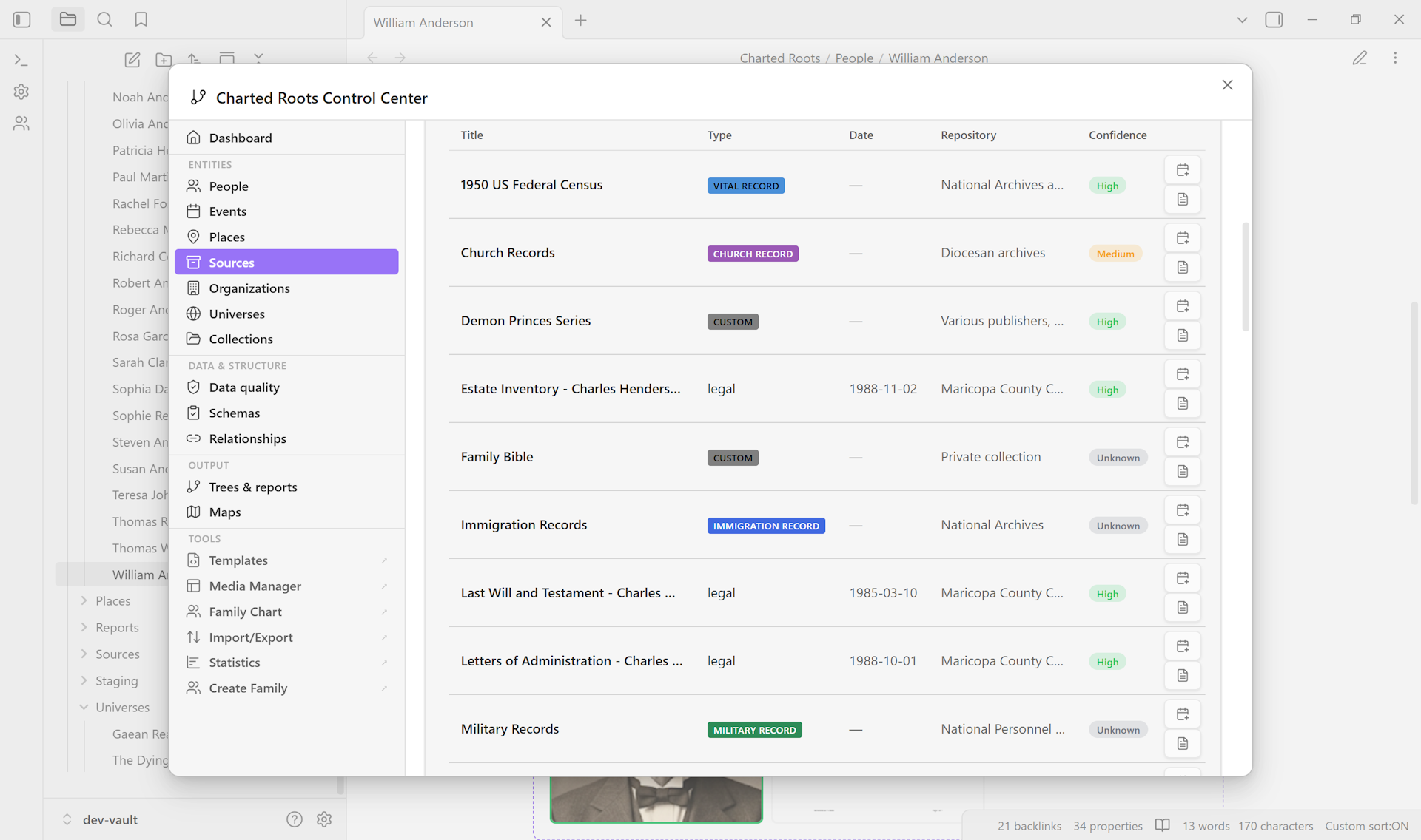 Control Center Sources tab — tabular source library with type badges (Vital Record, Church Record, legal, Immigration, Military) and the Probate Packet sources from issue #338 visible (Estate Inventory, Last Will, Letters of Administration)