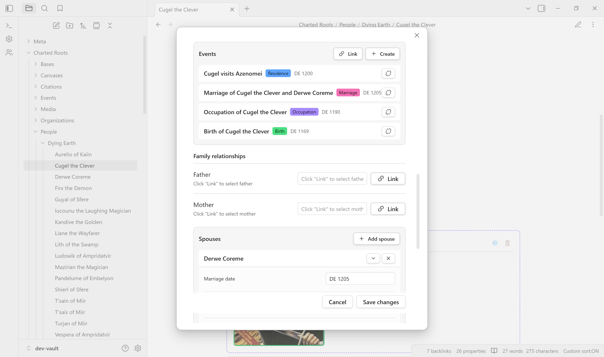 Edit Person modal for Cugel the Clever from the Dying Earth fixture. Events section at top lists four entries with fictional DE-era dates: a residence at Asromirel (DE 1185), the marriage to Derwe Coreme (DE 1205), an occupation entry (DE 1198), and the birth (DE 1169). Family relationships section below shows Father and Mother with empty Link affordances, and Spouses populated with Derwe Coreme plus the marriage date DE 1205. Save and Cancel buttons in viewport.