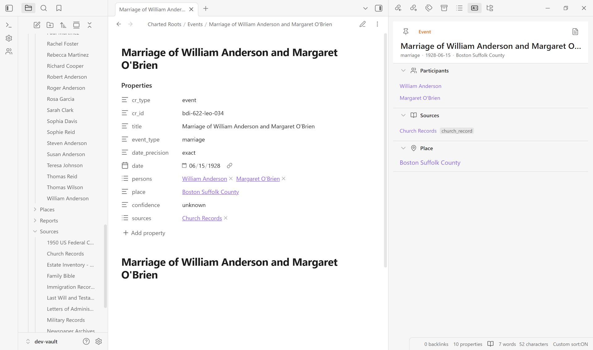 Entity Profile View showing the Marriage of William Anderson and Margaret O'Brien with participants section
