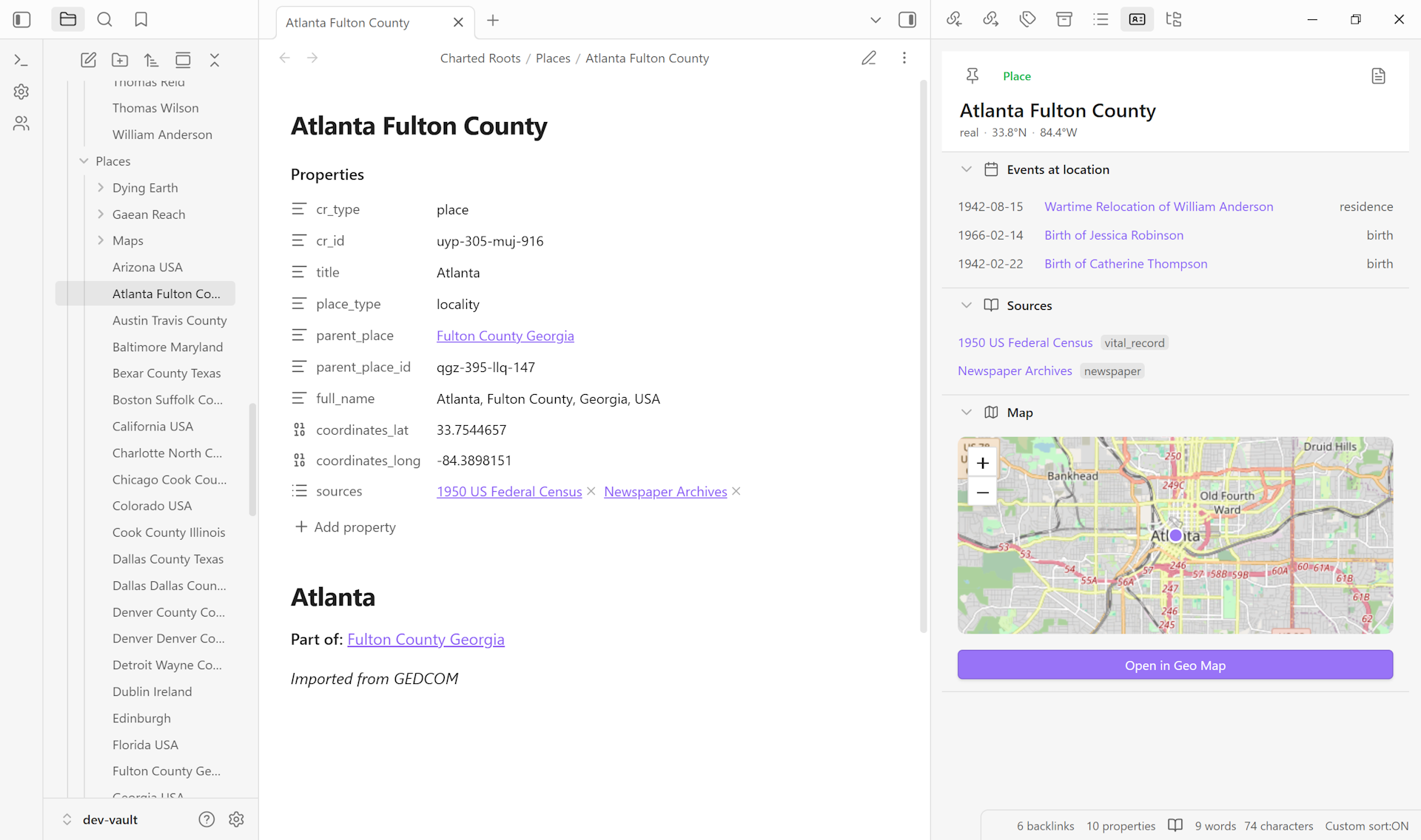Entity Profile View showing Atlanta Fulton County with map preview, events, and sources