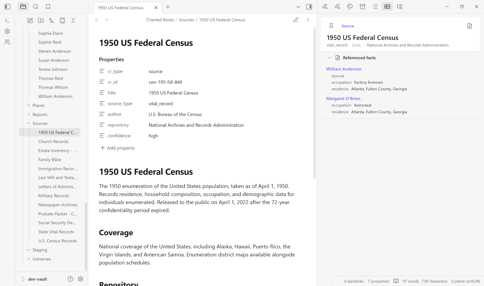 Entity Profile View showing the 1950 US Federal Census with referenced facts grouped by entity