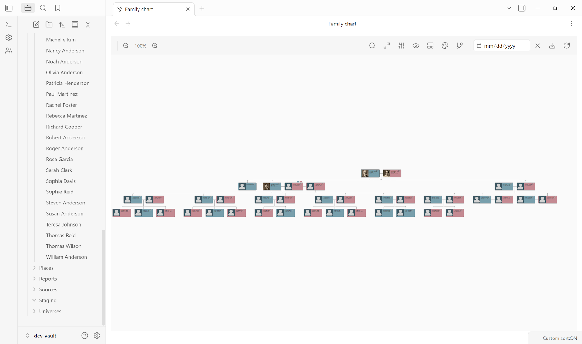 Family Chart view of the Anderson family with default gender coloring — teal cards for male persons, pink for female.