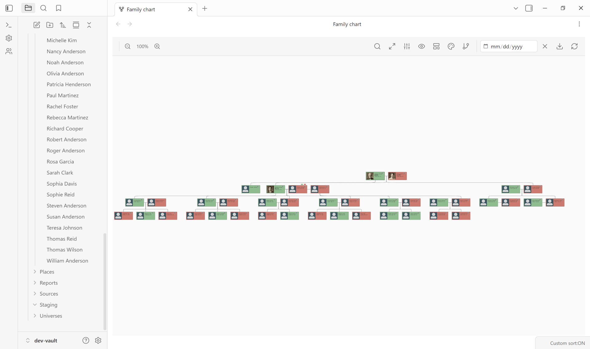 Same Anderson family chart with the Earth tones theme preset applied — green cards for male, red for female, replacing the default teal and pink palette.