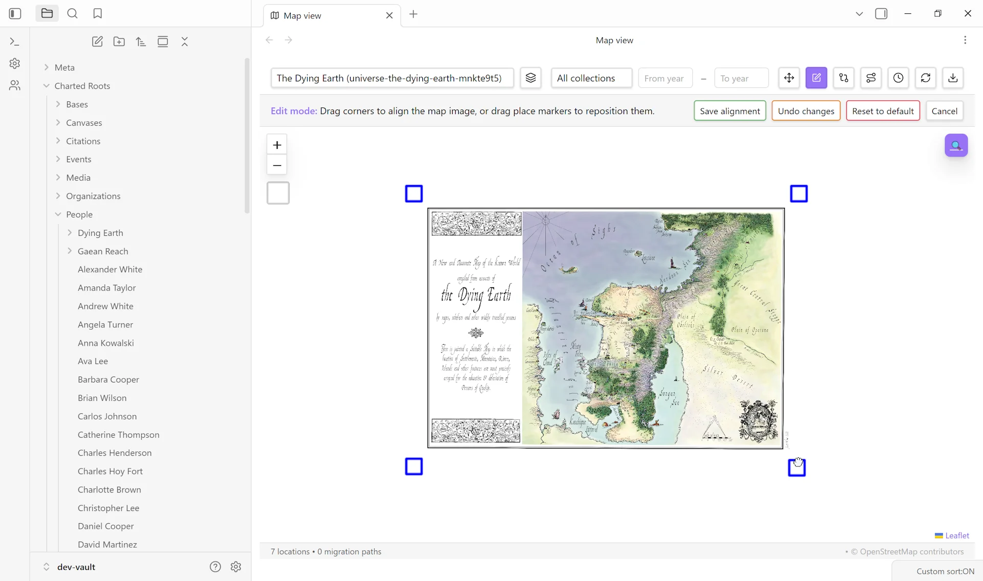 Map View in alignment edit mode, with four corner handles visible on a hand-drawn map and an edit banner showing Save, Undo, Reset, and Cancel actions
