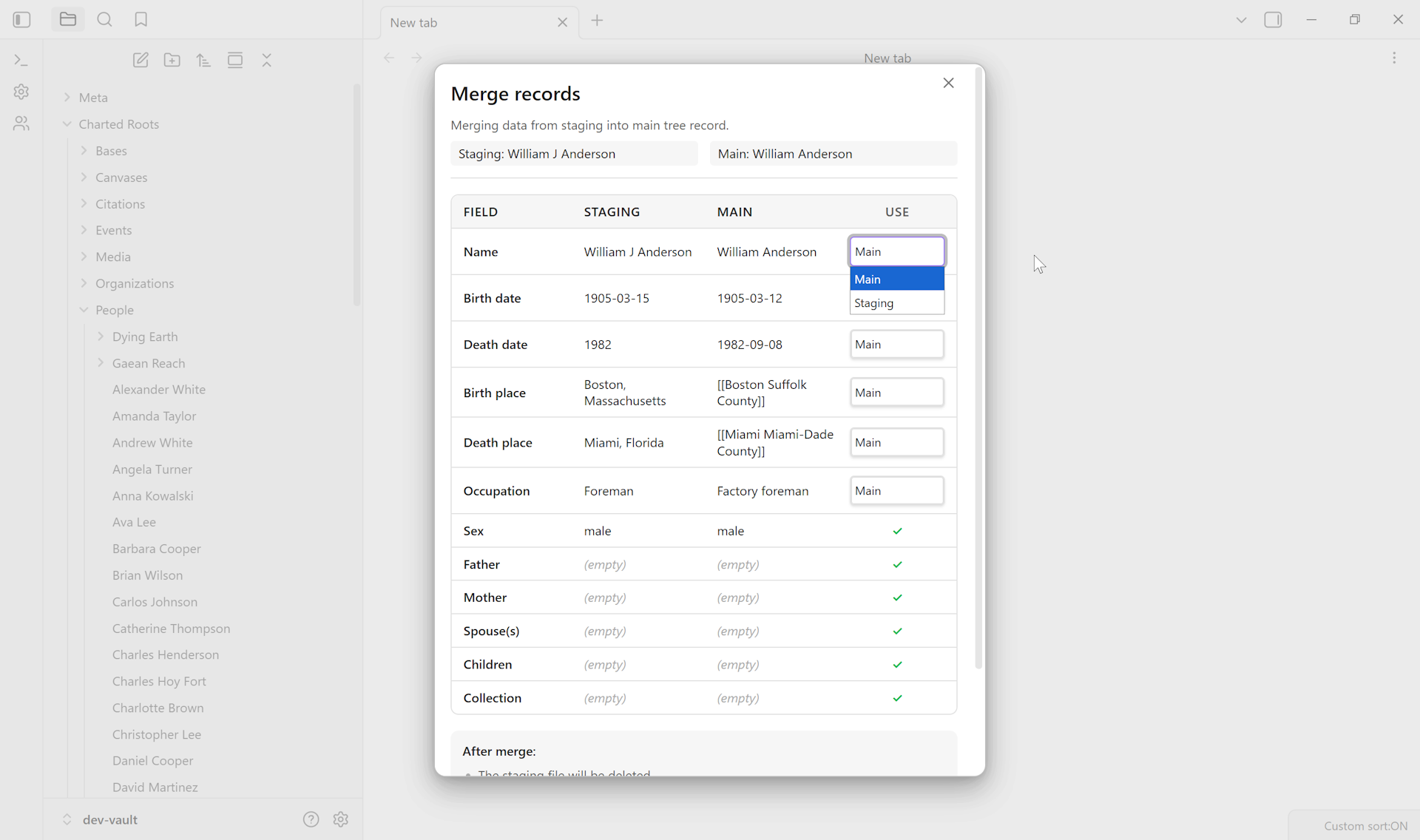 Merge Wizard mid-conflict-resolution, side-by-side comparison with a dropdown active on a value mismatch
