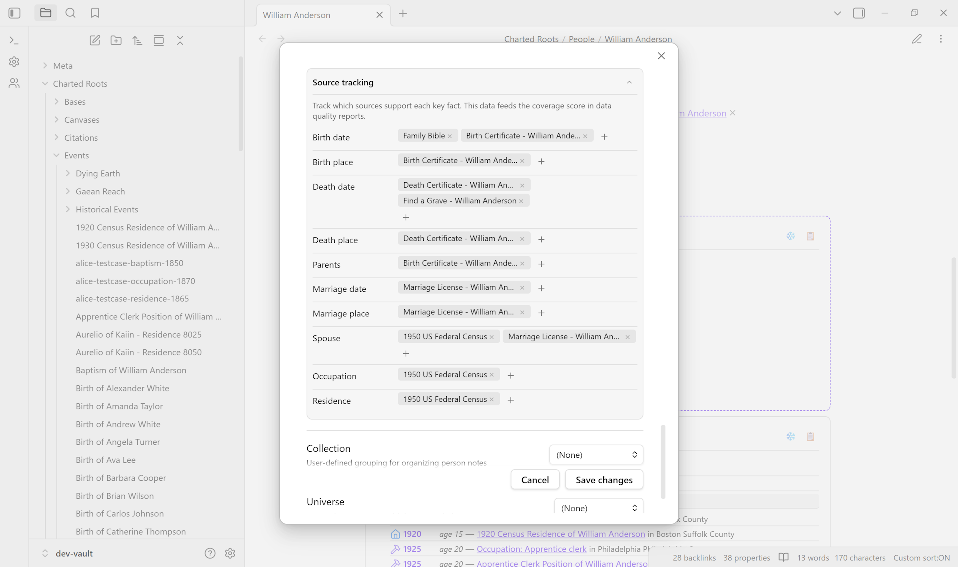 Edit Person modal showing the Source tracking section with multiple sources attached to several facts