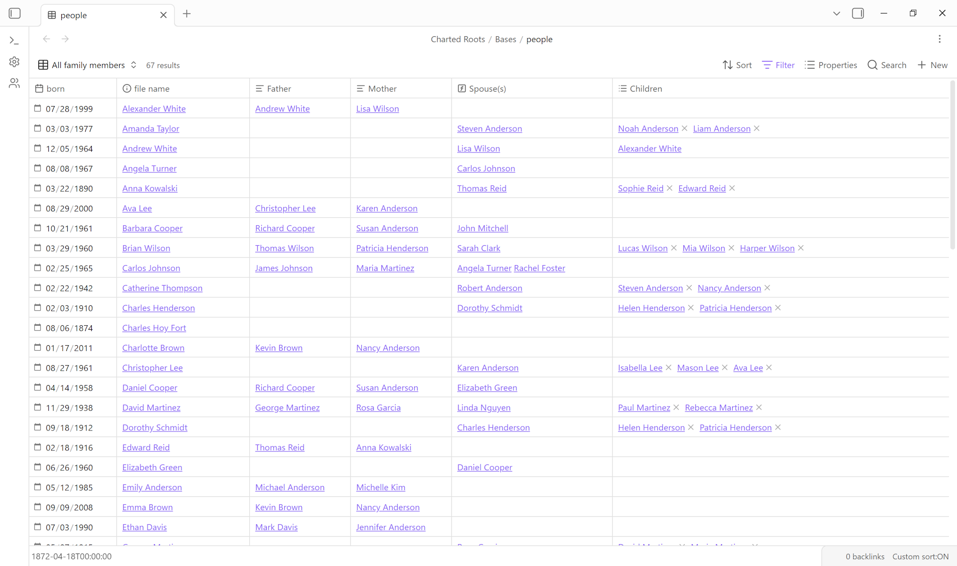 People base in Bases — table view with the view selector showing the built-in pre-configured views, a representative filter applied across the columns