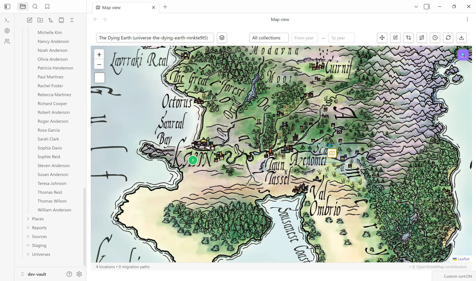 The Dying Earth custom image map with waypoint markers on illustrated terrain