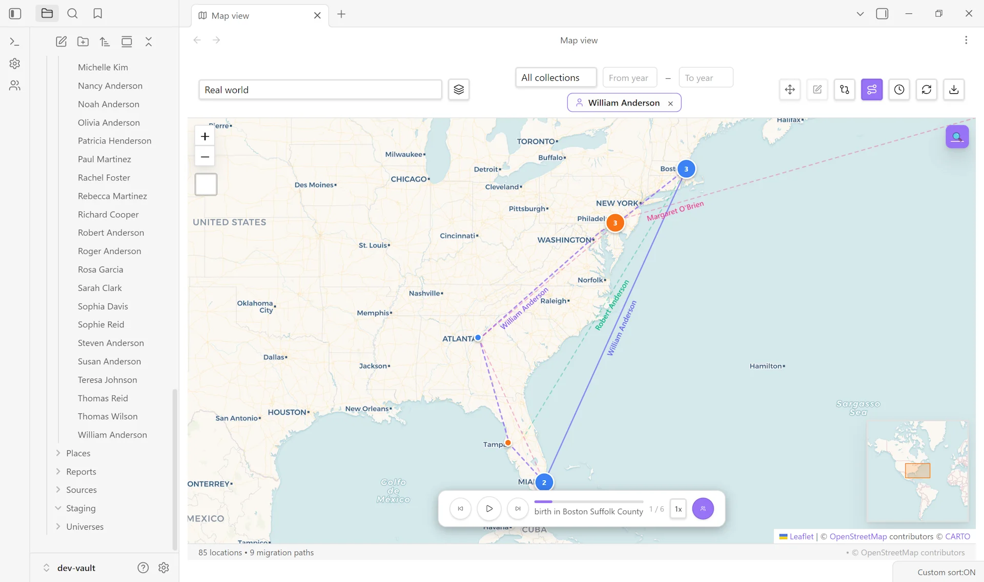 Family-journey overlay with color-coded paths for spouse and children