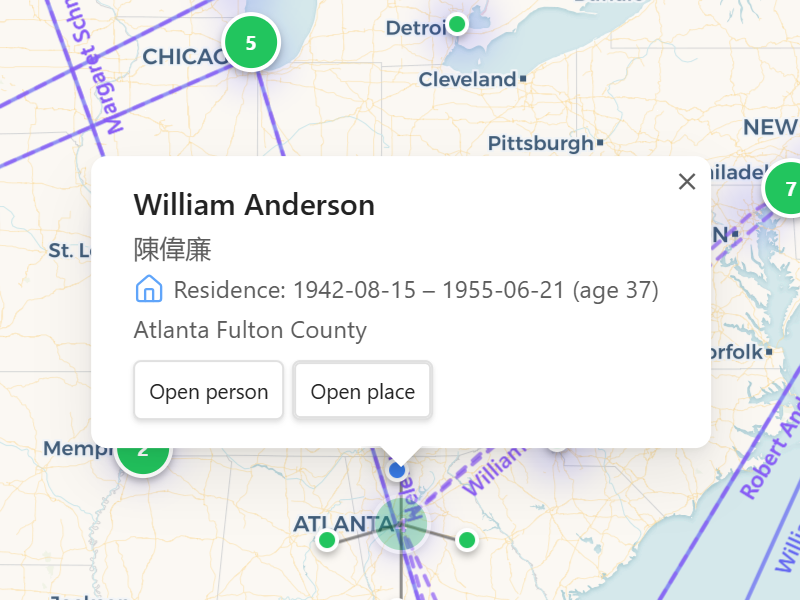 Marker popup showing residence with date range and age