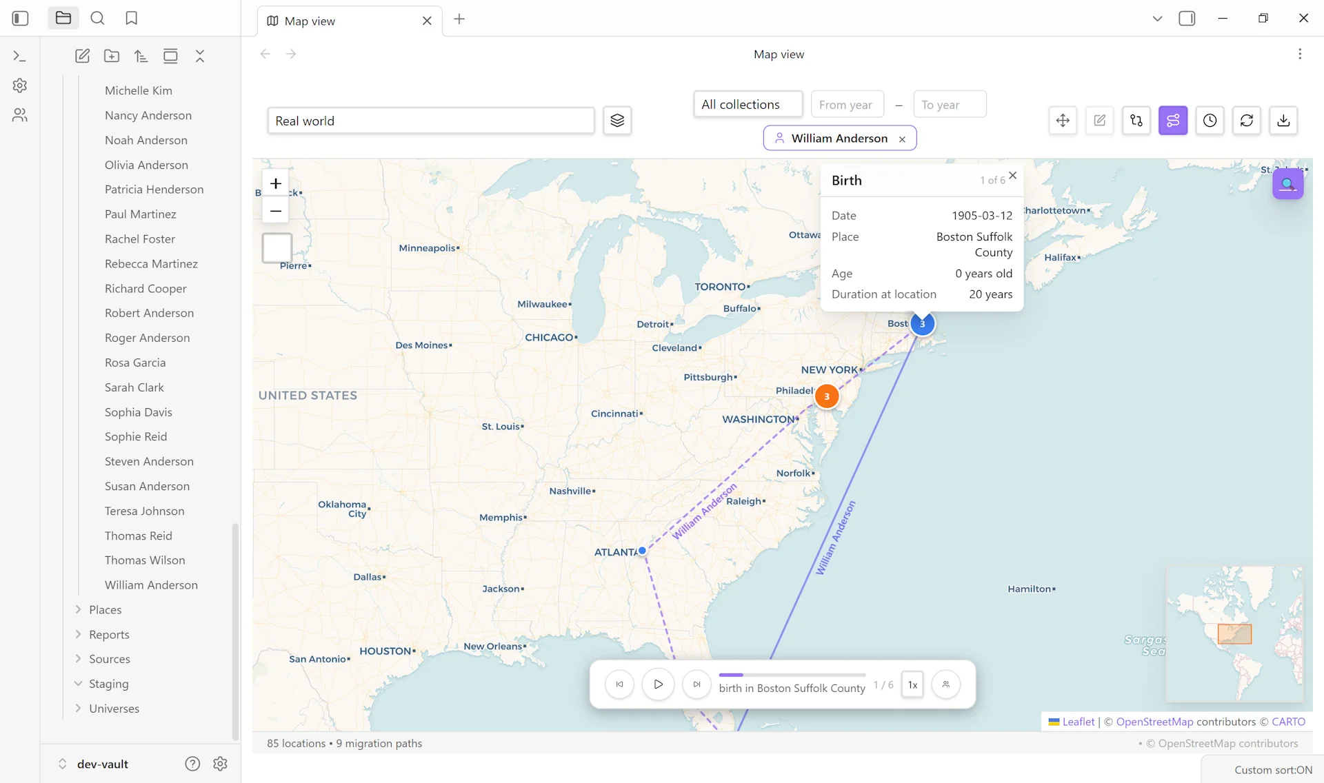 Interactive Map showing William Anderson's migration arc across the eastern US with rich birth marker popup