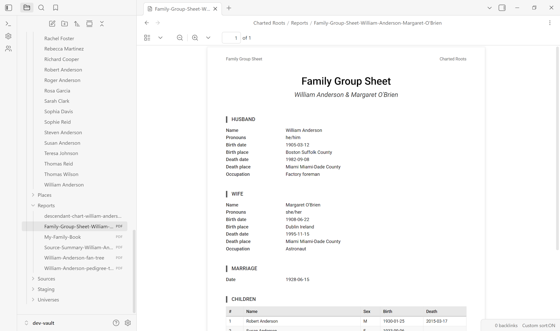 Family group sheet PDF for William Anderson and Margaret O'Brien with structured vital records