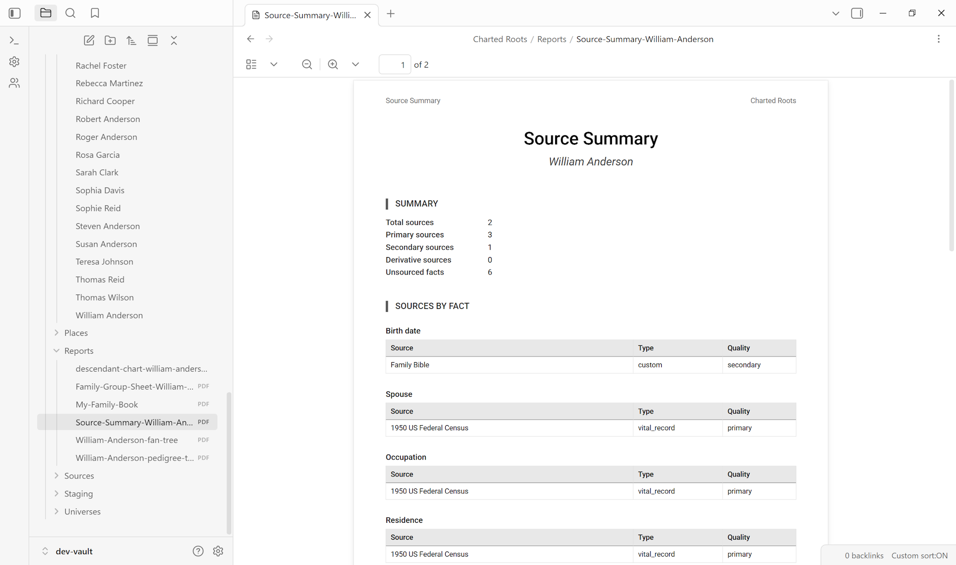 Source summary PDF showing facts grouped by source with quality ratings and coverage statistics