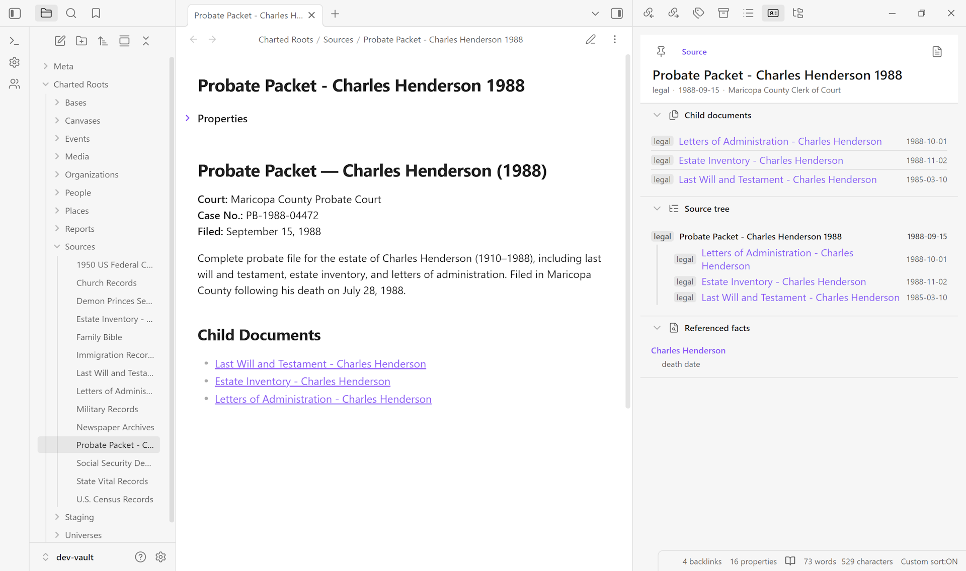 Probate packet source profile showing its three child documents