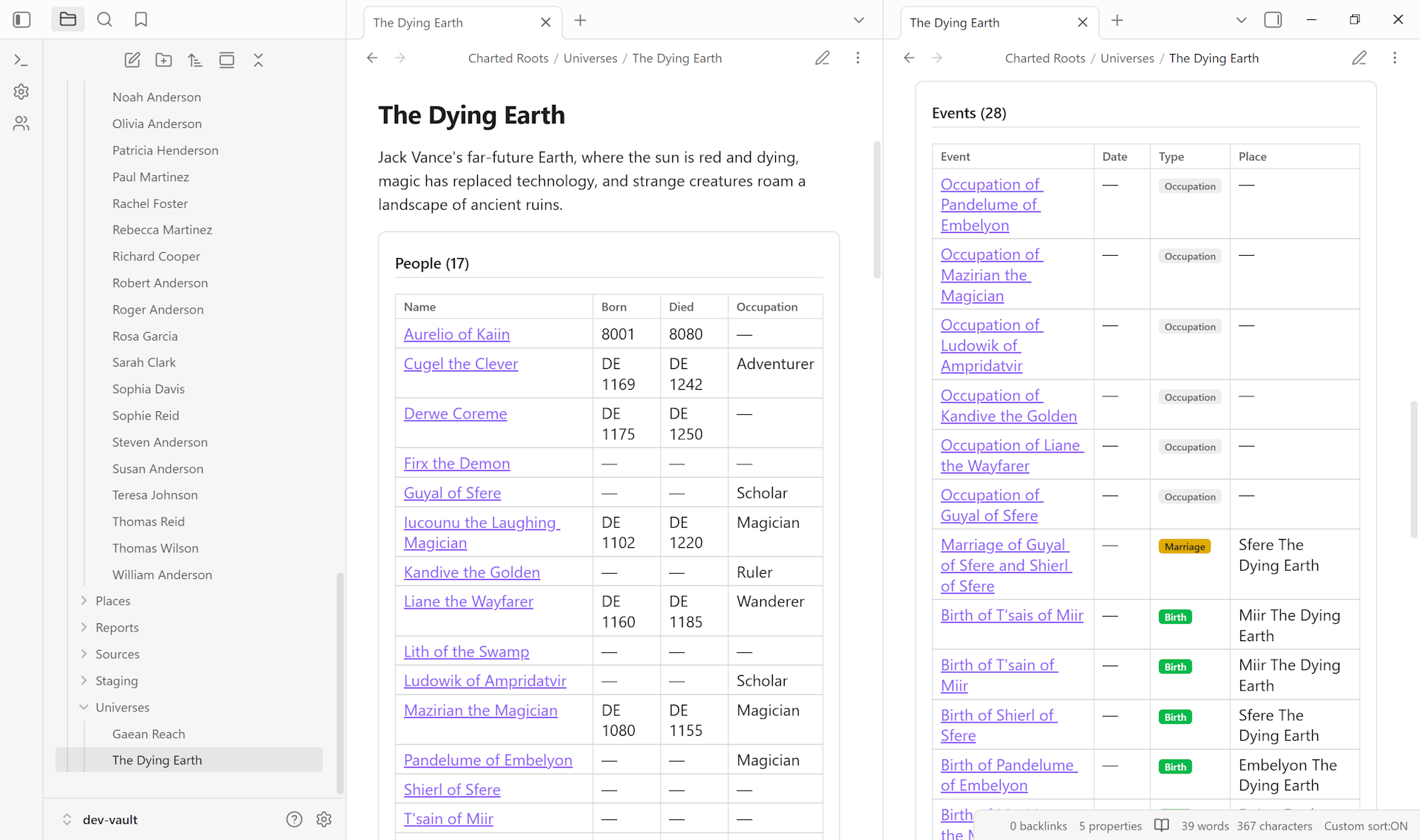 Two-pane split of the Dying Earth universe note: the left pane scrolled to the People (17) section, the right pane scrolled to the Events (28) section, with both blocks rendering DE-era dates