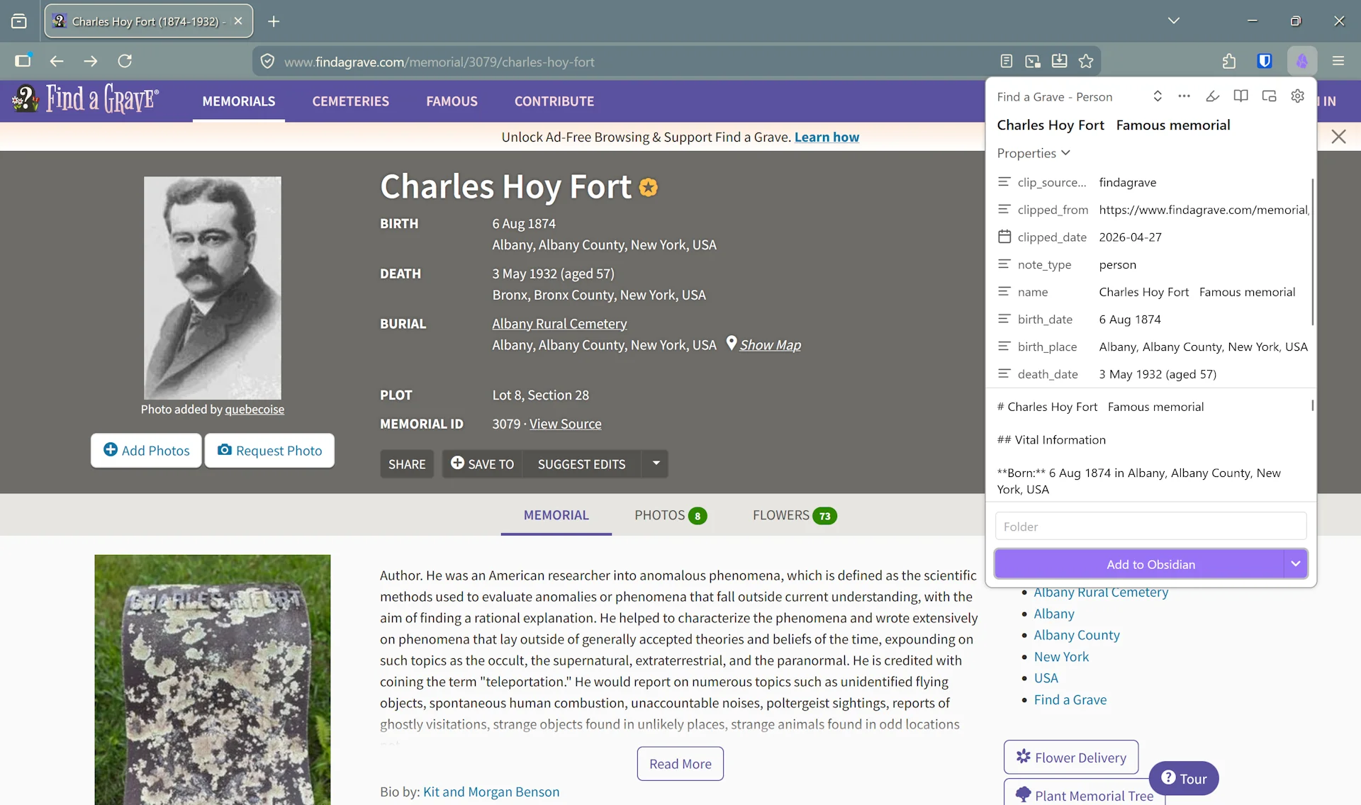 Obsidian Web Clipper modal extracting structured fields from a Find a Grave memorial page