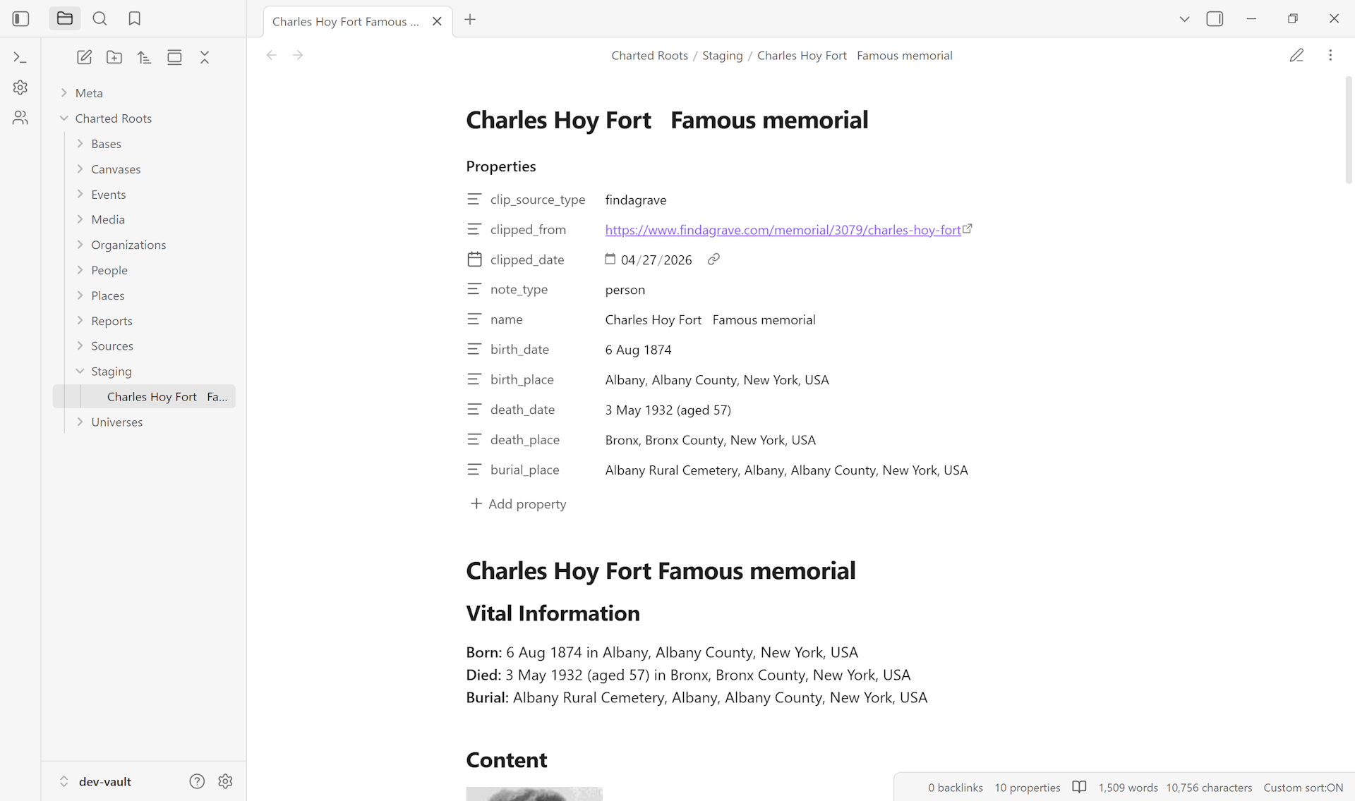 Clipped note in the staging folder, with metadata fields extracted by the Web Clipper template