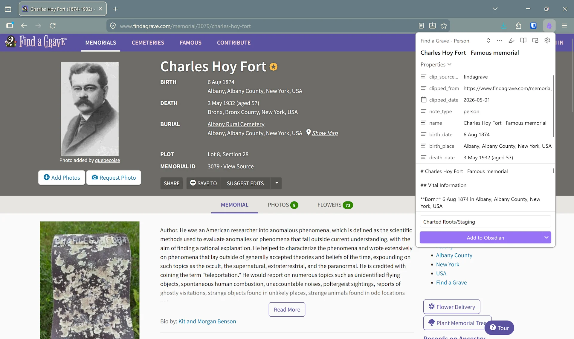 Browser-side Web Clipper extracting structured fields from the Charles Hoy Fort Find a Grave memorial page — vital data (birth, death, burial) visible on the page; the findagrave-person template's clipper modal expanded on the right showing the structured-property preview with target Charted Roots/Staging