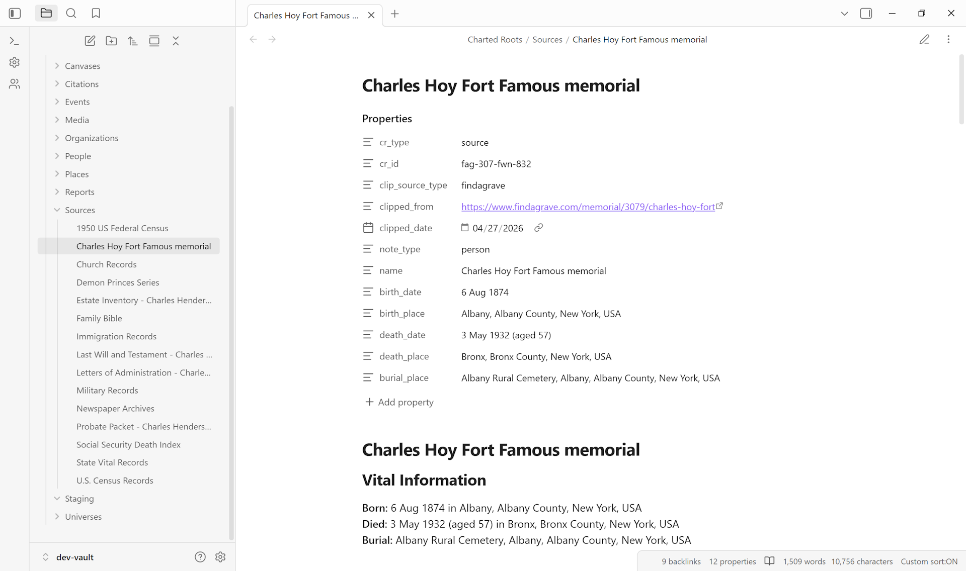 Obsidian source note for Charles Hoy Fort with the properties block fully expanded showing all 12 frontmatter fields (cr_type, cr_id, clip_source_type, clipped_from, clipped_date, note_type, name, birth/death/burial dates and places); folder pane shows the Sources folder with the new note highlighted alongside 13 existing sources